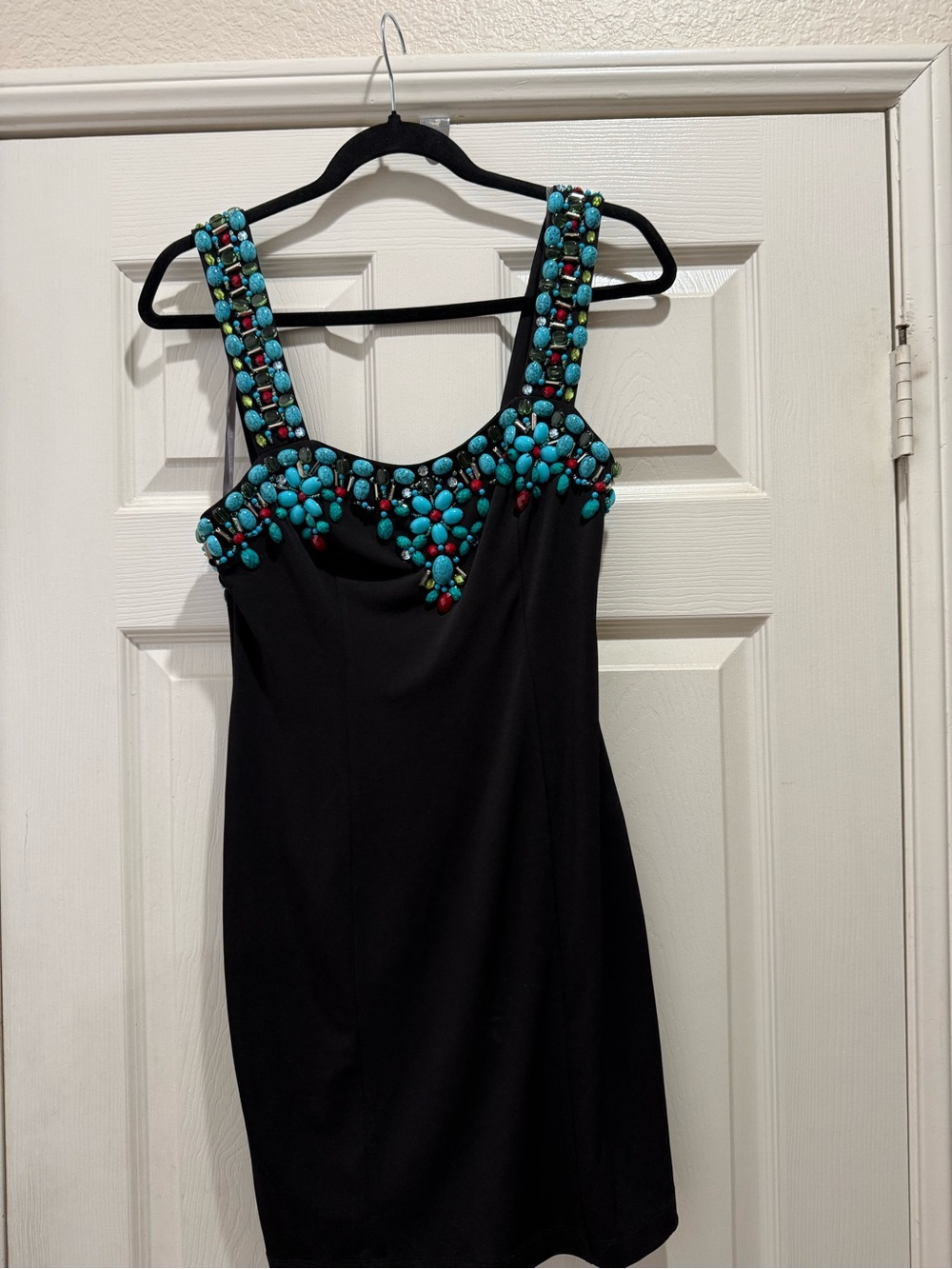 “Boston Proper Exclusive” Beaded Neckline  Turquoise Cabochon Embellished” Dress